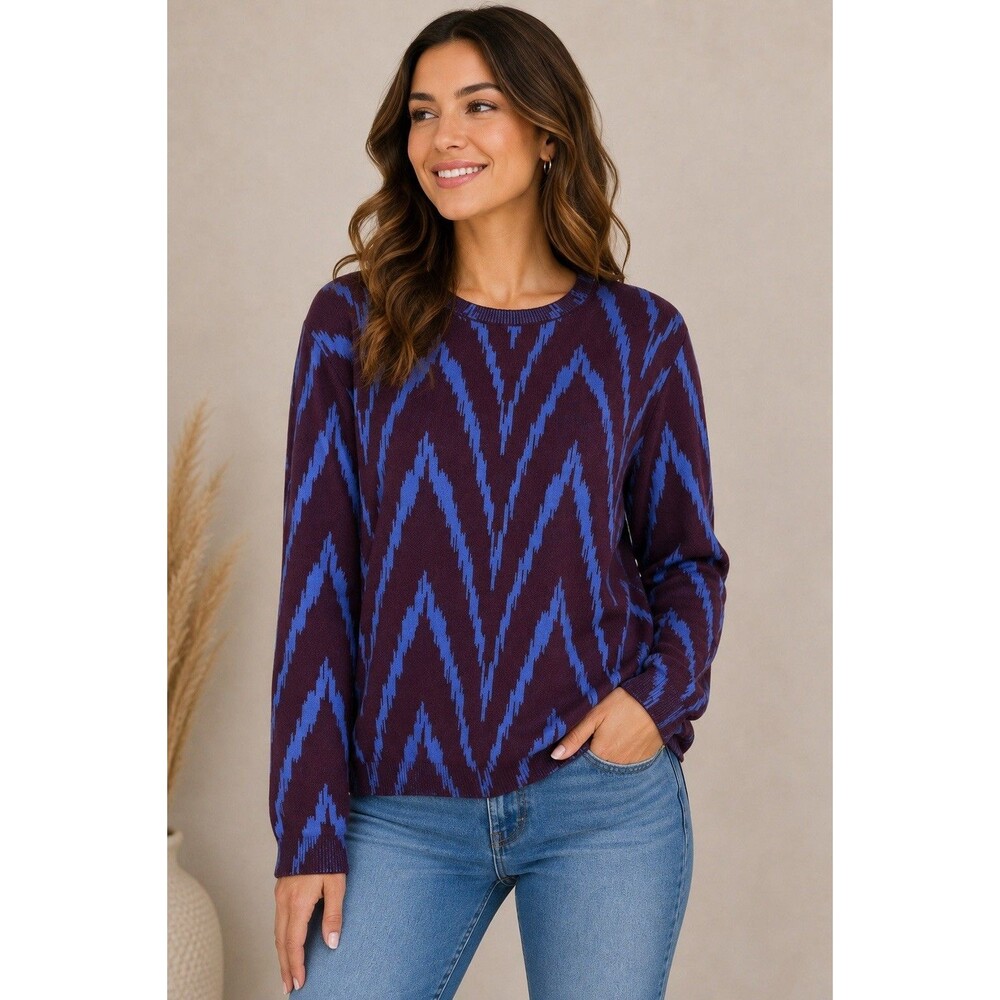 Ann Taylor M Chevron Ikat Print Sweater Plum Blue Geometric Crewneck Boho